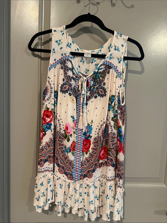 Bila Tops - Bila Cream Tank with Blue and Red Floral Print
